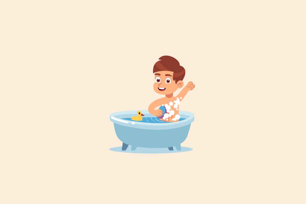 a kid taking a bath in a bathtub