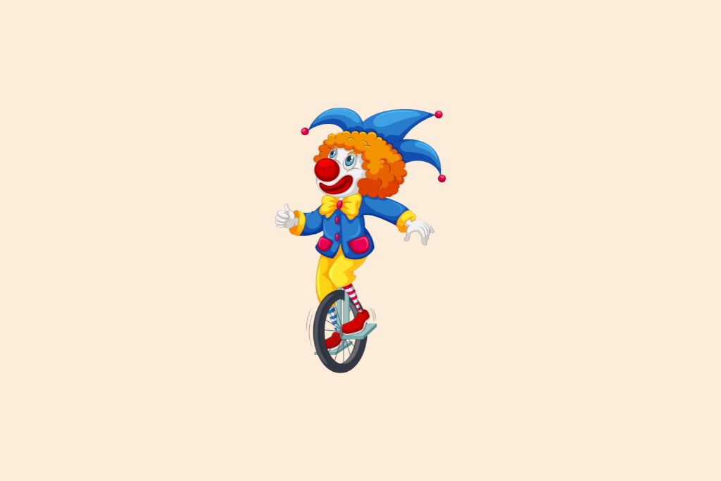 Clown showing off his one-wheeling skills