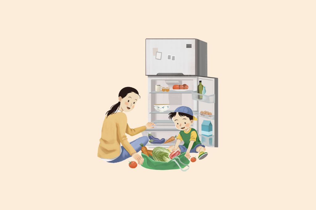 the mom and child are arranging fruits and vegetables in their fridge