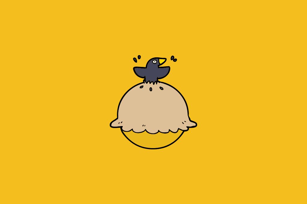 a happy crow is eating pie