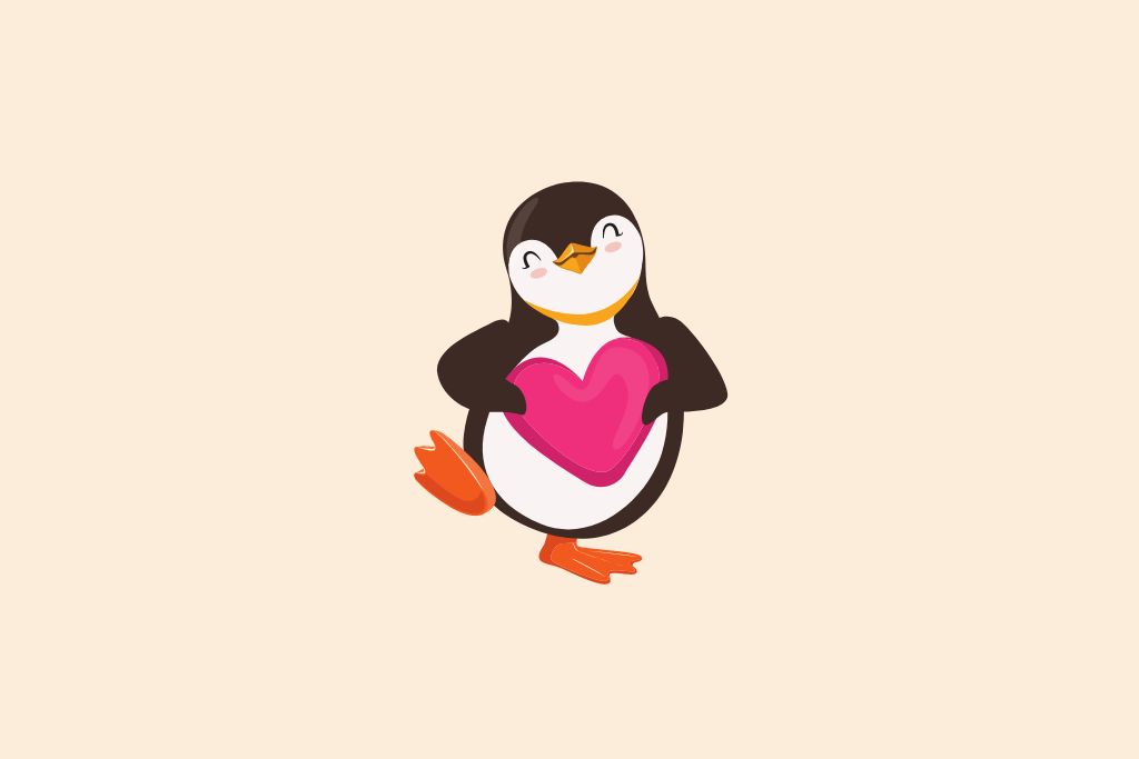 penguin holding pink heart
