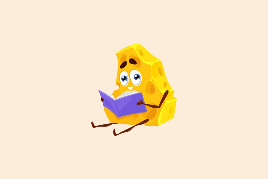 a cheese slice is reading a book
